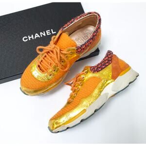 CHANEL orange & gold 14K SUPERMARKET TWEED Sneakers
